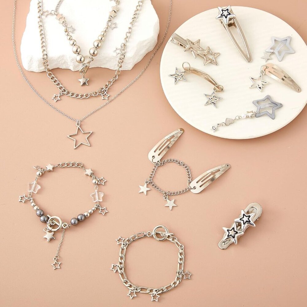 Y2K Accessories Set 13 Pcs Metal Jewelry Star Hair Clips Bracelets for Women - Picture 4 of 7